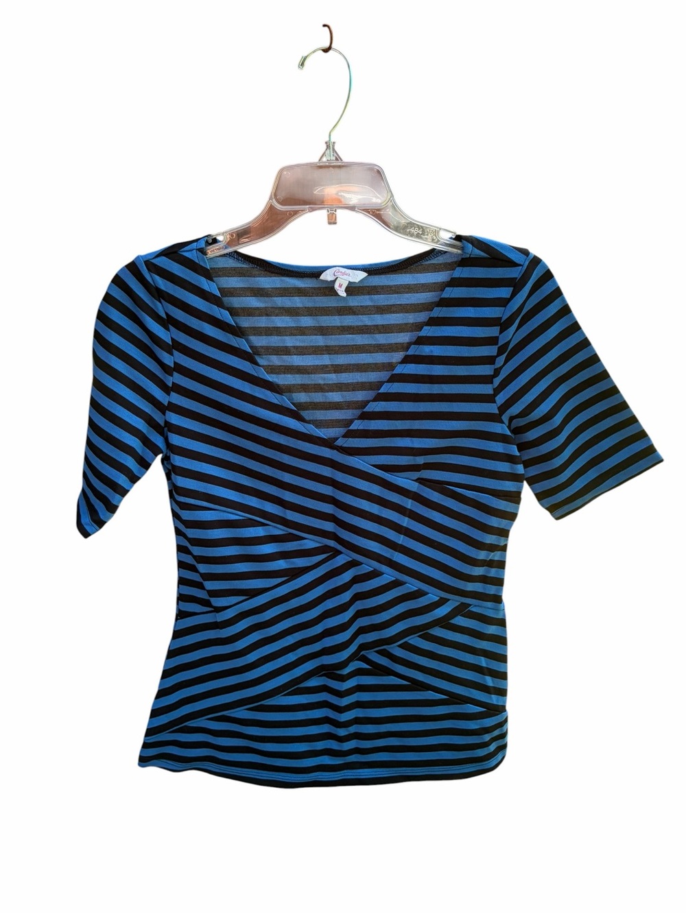 Candie's Blue and Black Striped Wrap-Style Short Sleeve Top